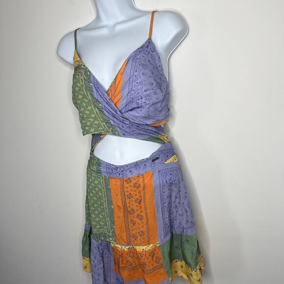 Maaji Florentina Mini Dress Small Bandana Patchwork Pastel Boho Festival Smocked - Picture 6 of 13